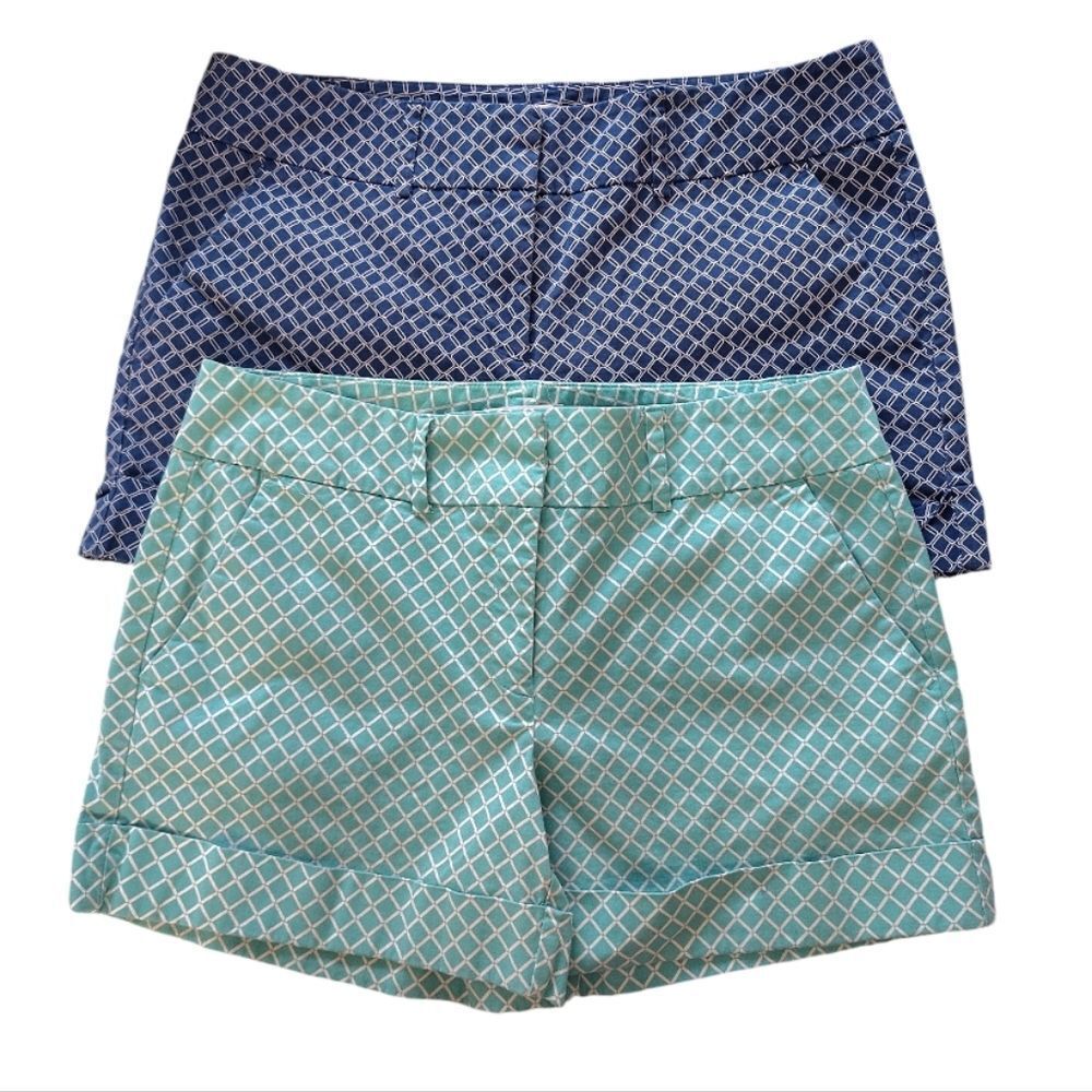 2 Prs NY & Co Blue & Teal Patterned Short Cotton Chino Shorts SZ 10 Coastal‎